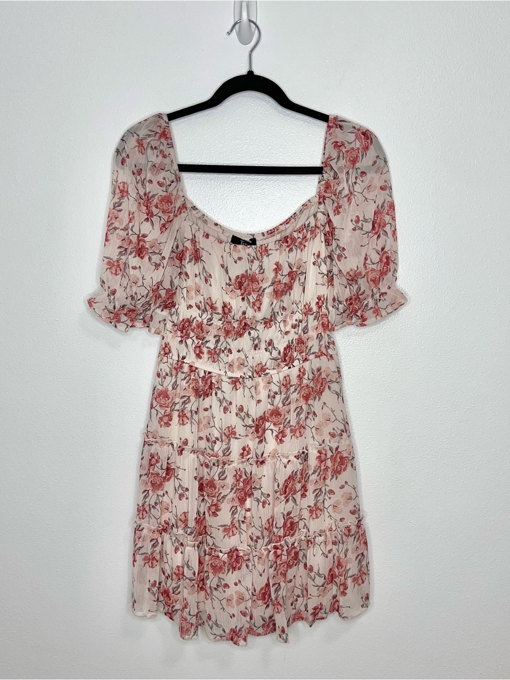 Trixxi Pink Floral Chiffon Puff Sleeve Tiered Mini Dress Cottagecore Size Medium